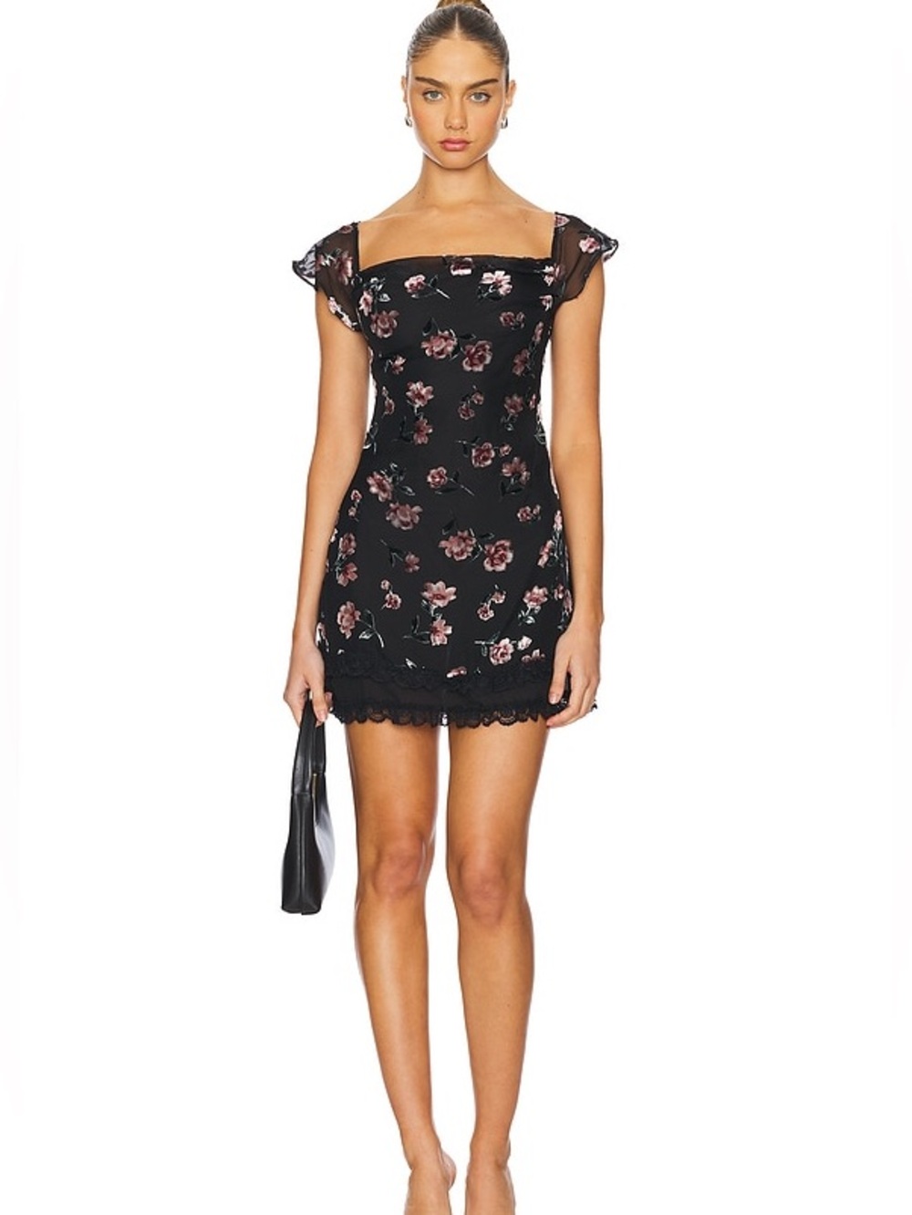 NWT For Love & Lemons Aigrette Mini Dress Black Floral Burnout Lace, Size S